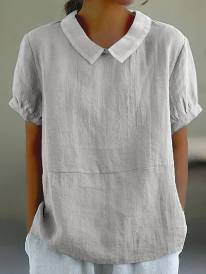 Aireada blusa de lino para mujer de manga corta con cuello abullonado