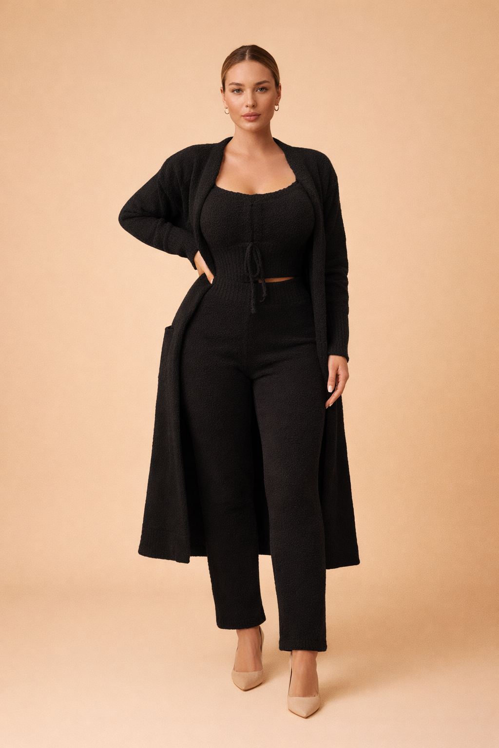 Damski 3-Częściowy Komplet Kardigan Top Spodnie
