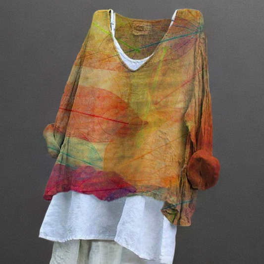 Tierne - Camiseta informal de algodón y lino con estampado de hojas y escote en V