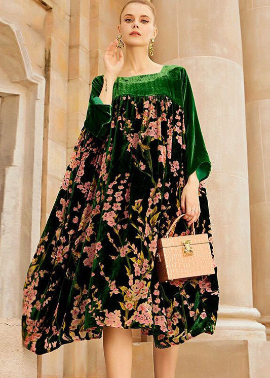 Lisha - Exclusivo vestido largo de terciopelo de seda verde con estampado patchwork bajo el escote