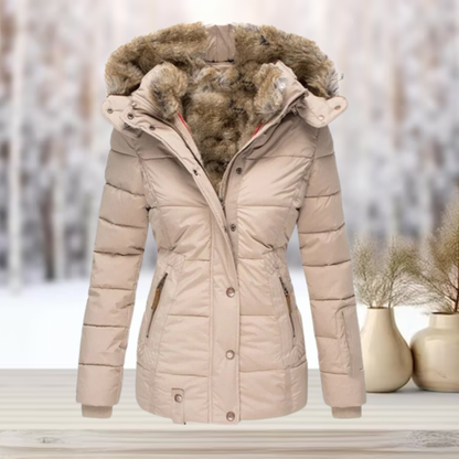 Elegante abrigo de invierno con forro de piel y capucha - lujoso y cálido para mujer