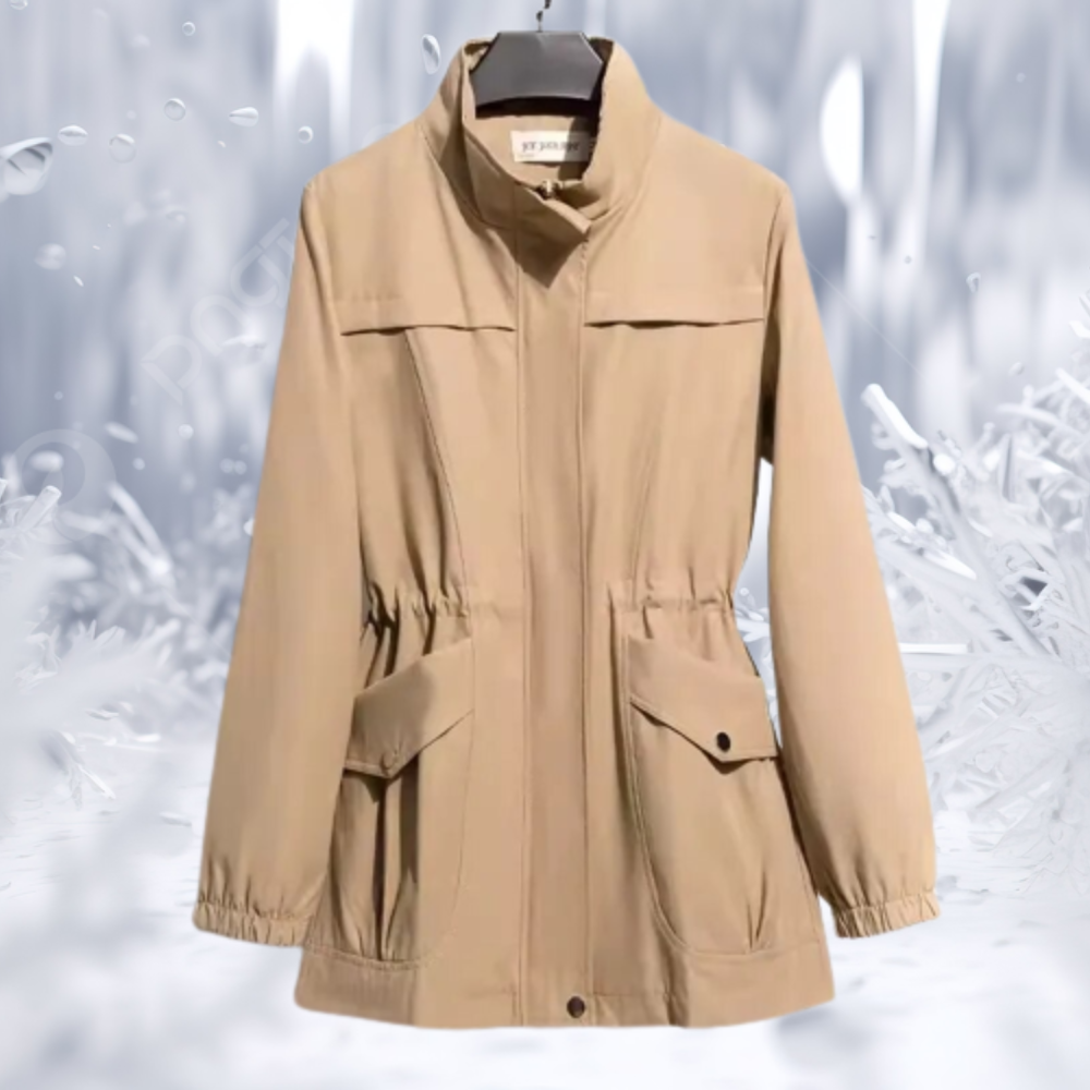 Elegante abrigo de invierno con cuello alto y cintura entallada para mujer
