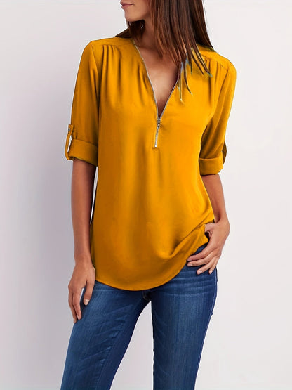 Blusa con cuello en V - Mangas remangables y detalle de media cremallera