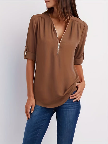 Blusa con cuello en V - Mangas remangables y detalle de media cremallera