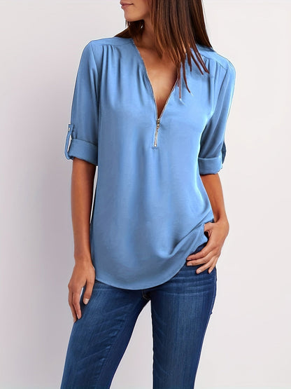 Blusa con cuello en V - Mangas remangables y detalle de media cremallera