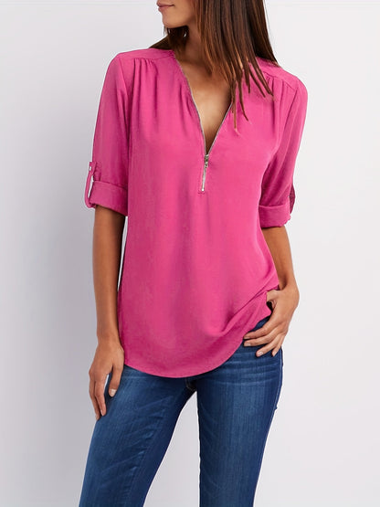 Blusa con cuello en V - Mangas remangables y detalle de media cremallera