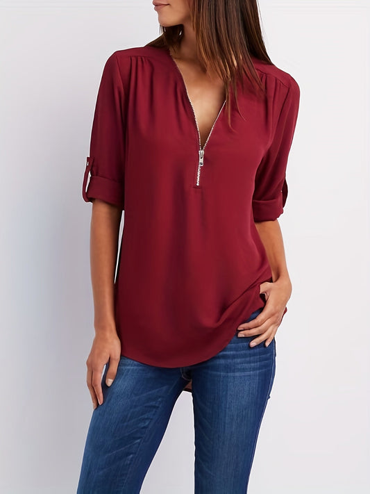 Blusa con cuello en V - Mangas remangables y detalle de media cremallera