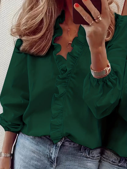 Blusa con cuello en V - ribete ondulado y tejido ligero transpirable
