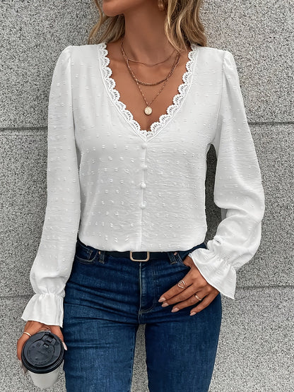 Blusa de manga larga con cuello en V - Cuello de encaje y tejido ligero