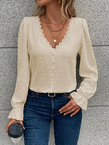 Blusa de manga larga con cuello en V - Cuello de encaje y tejido ligero