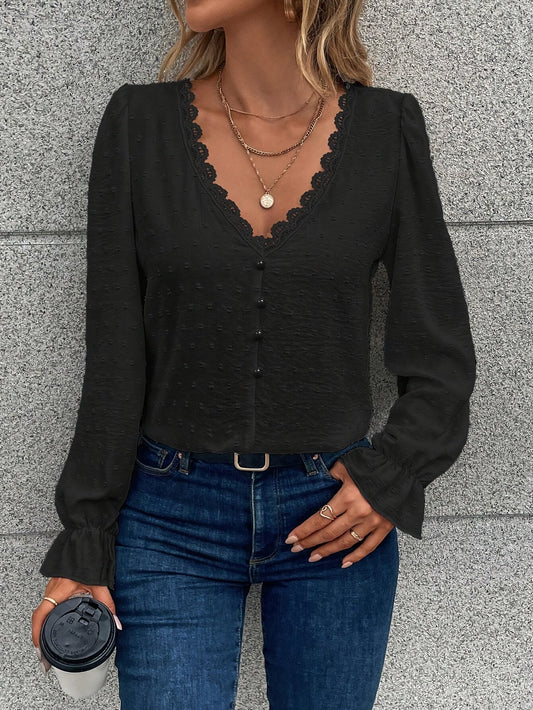 Blusa de manga larga con cuello en V - Cuello de encaje y tejido ligero
