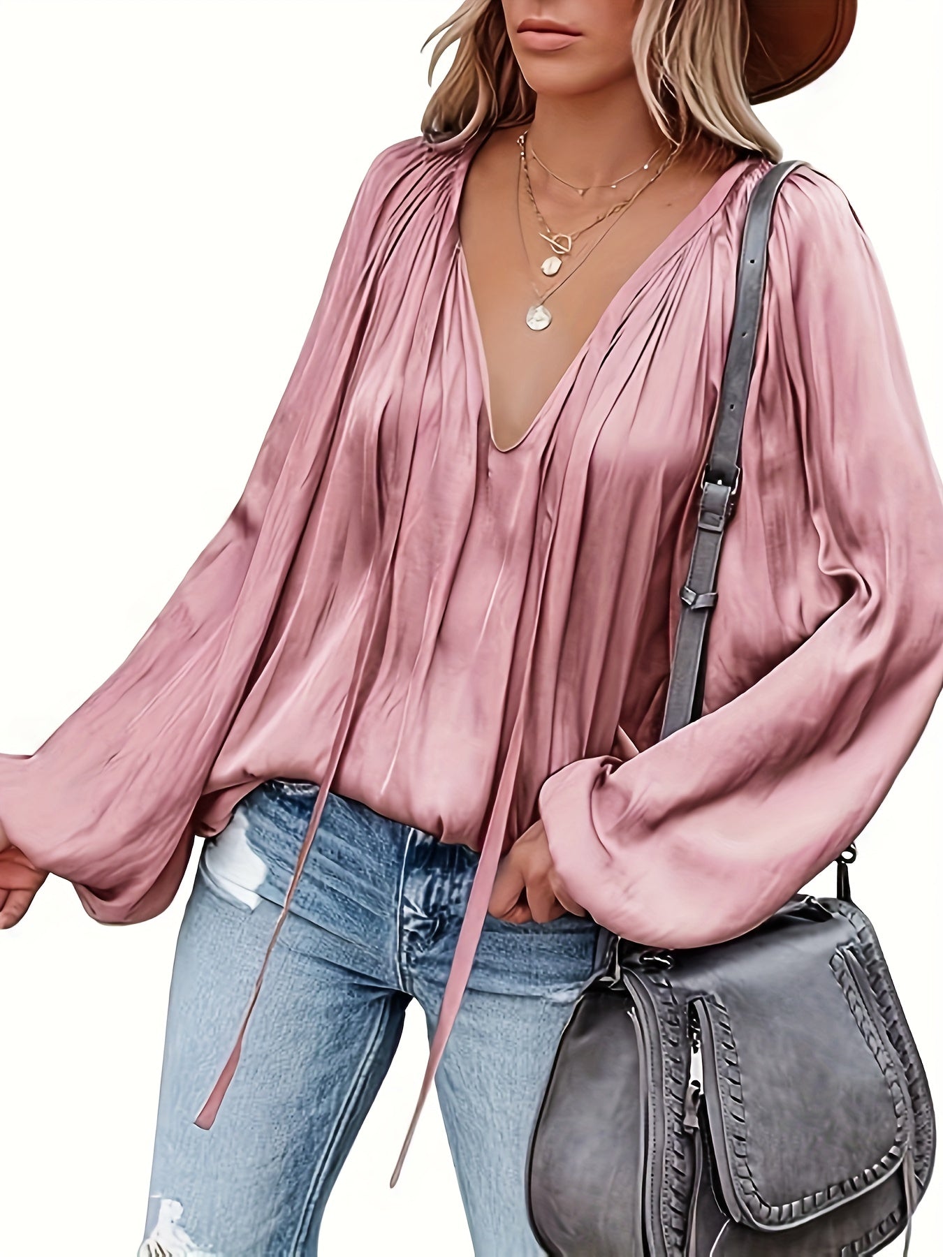 Blusa con cuello en V y manga farol - Diseño satinado y semitransparente