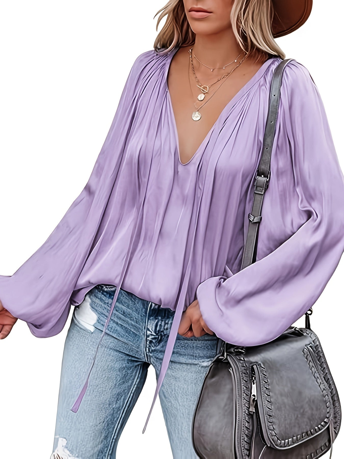 Blusa con cuello en V y manga farol - Diseño satinado y semitransparente