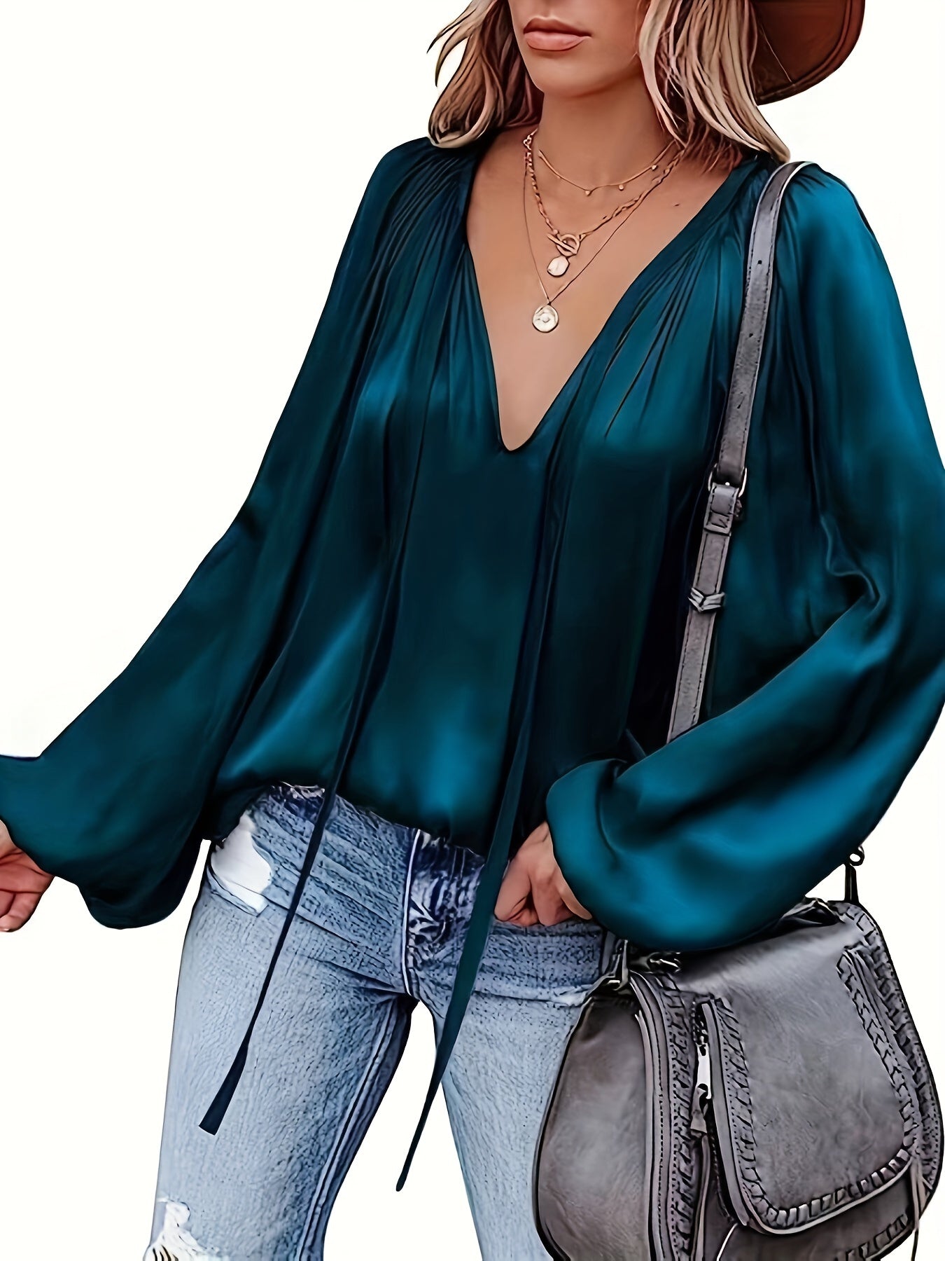 Blusa con cuello en V y manga farol - Diseño satinado y semitransparente