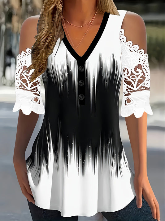 Camiseta con cuello en V - Diseño de encaje y mangas cortas