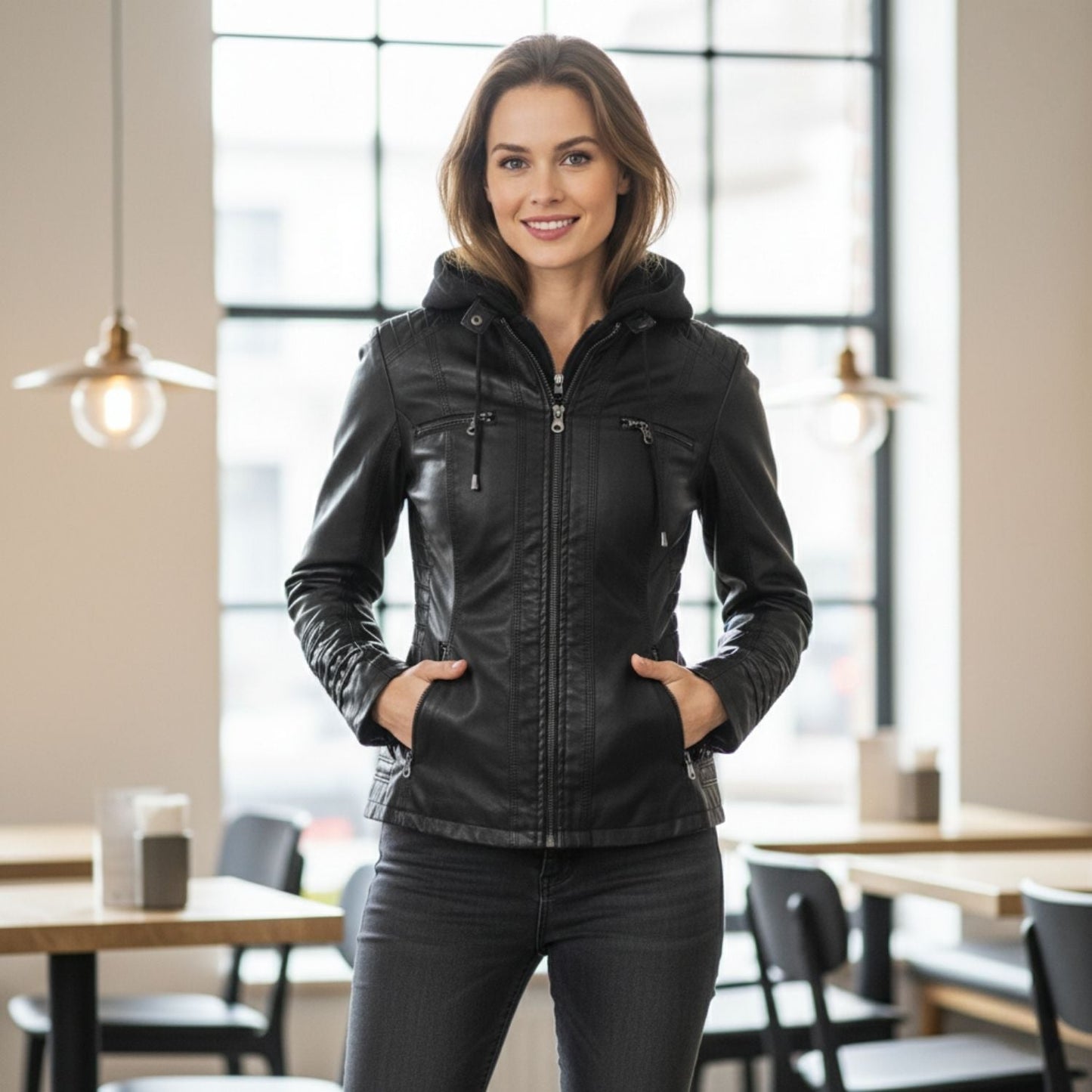 Lyra | Chaqueta de cuero con capucha para mujer, elegante y cómoda