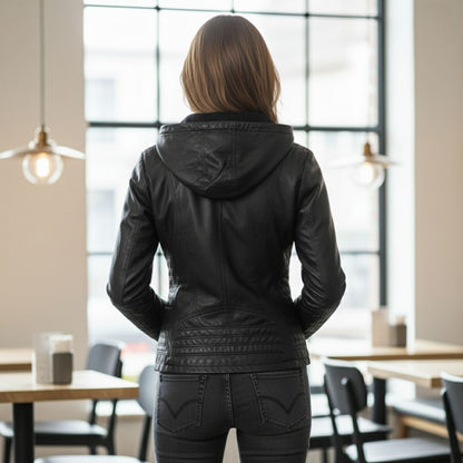 Lyra | Chaqueta de cuero con capucha para mujer, elegante y cómoda