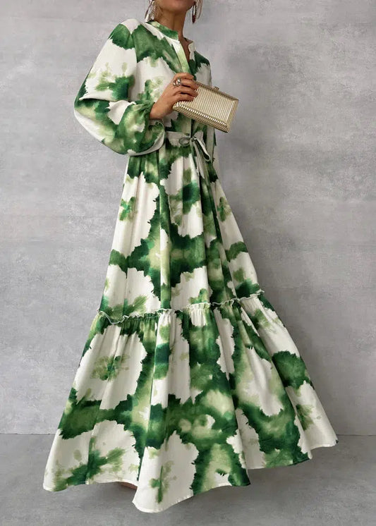 Verde maxi vestido con mangas largas y escote en V