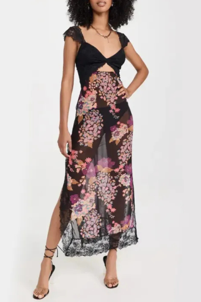 Vionette | Flores Cuello en V Encaje Vestido de tirantes