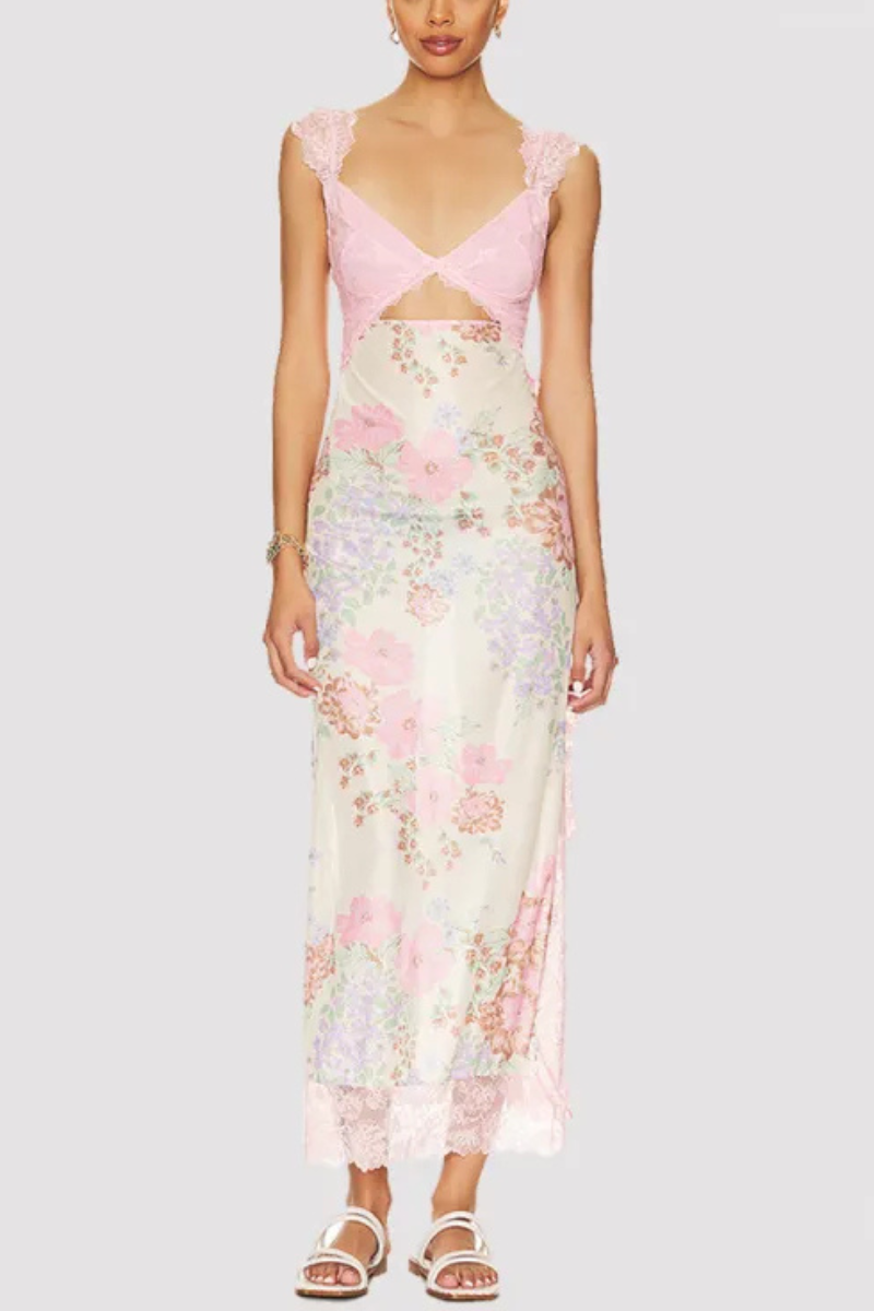 Vionette | Flores Cuello en V Encaje Vestido de tirantes