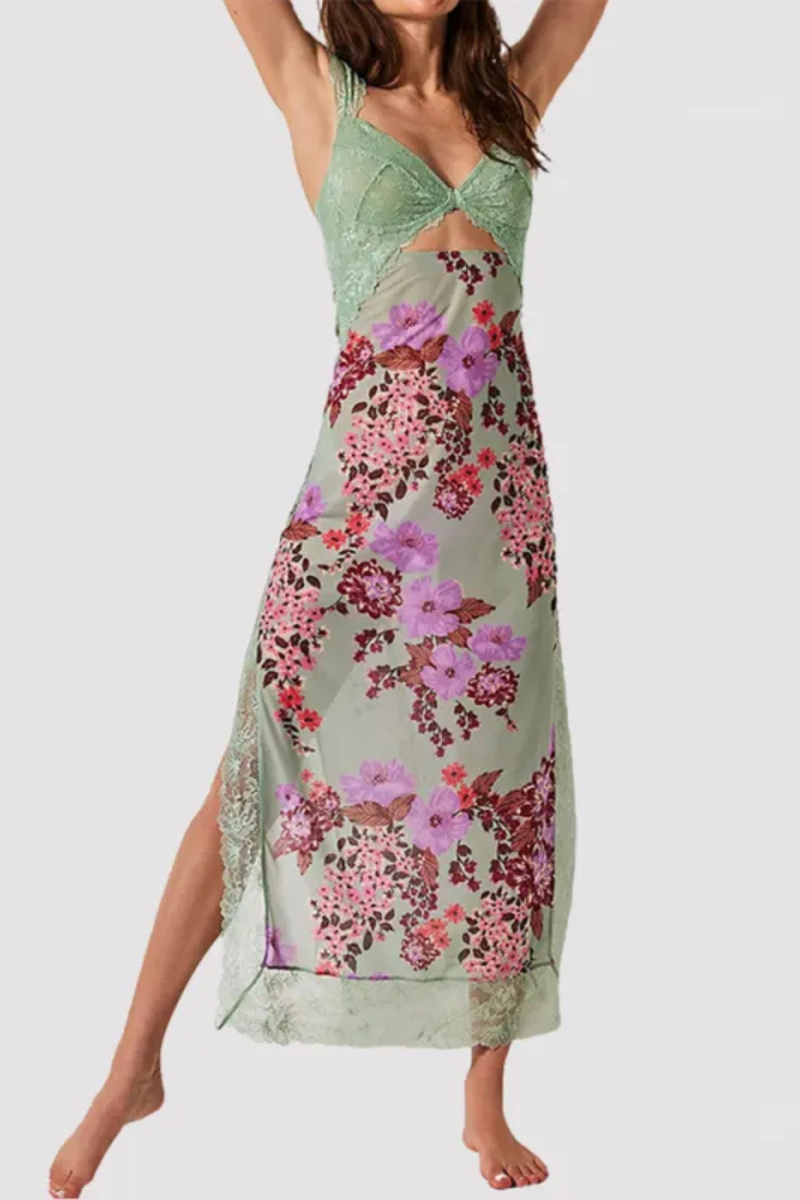 Vionette | Flores Cuello en V Encaje Vestido de tirantes