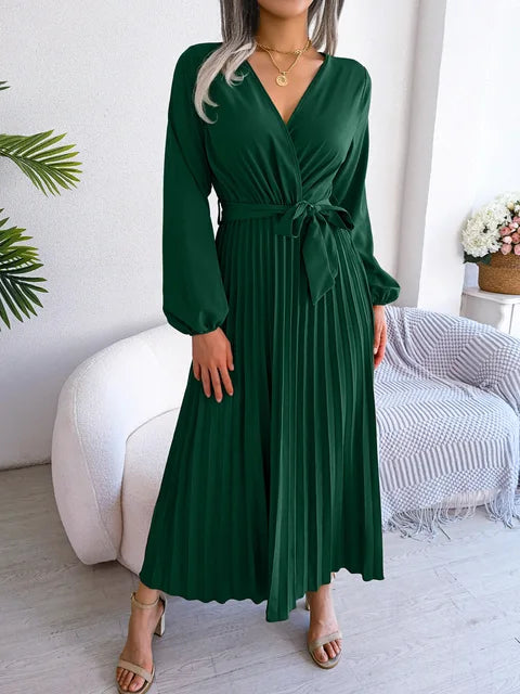 Maxi vestido con cuello en V y mangas largas para un look elegante