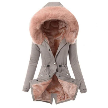 Chubasquero grueso y cálido con capucha de piel sintética y cintura ajustable para mujer | Ideal para otoño/invierno