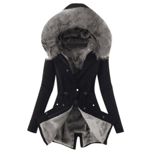 Chubasquero grueso y cálido con capucha de piel sintética y cintura ajustable para mujer | Ideal para otoño/invierno
