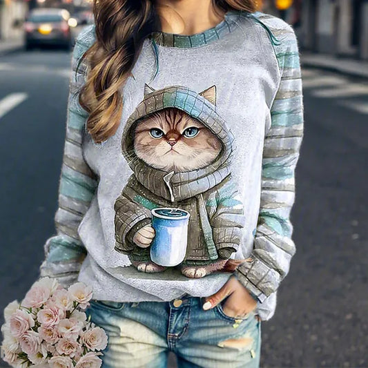 Mavey - Elegante jersey con estampado de gato para mujer