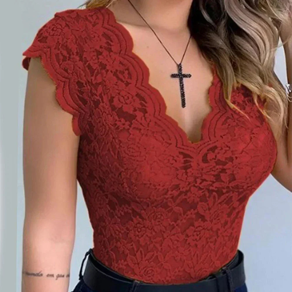 Celeste | Elegante Top de Encaje con Cuello en V para Mujer