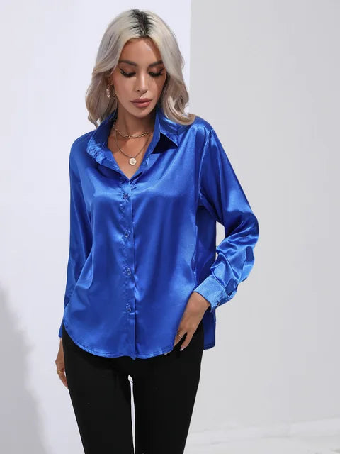 Elegante satén señoras blusa de negocios de manga larga con tapeta de botones