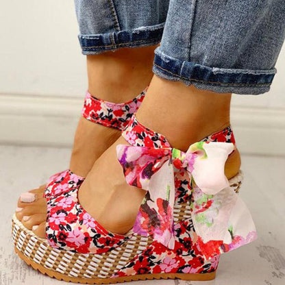Marina® | Sandalias de tacón de cuña para mujer con estampado floral de tendencia elegante