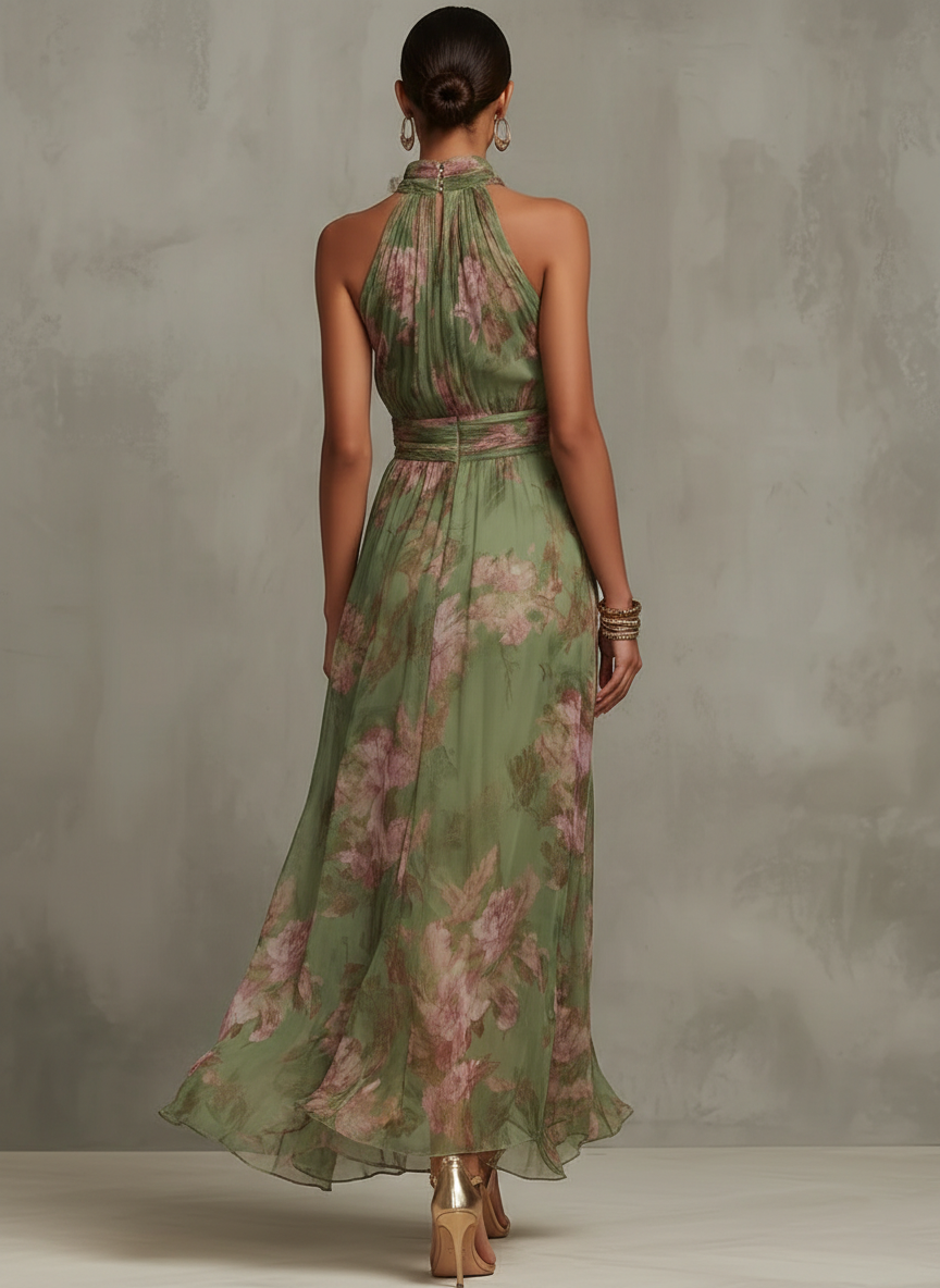 Damska Sukienka Maxi z Dekoltem Halter w Kwiaty