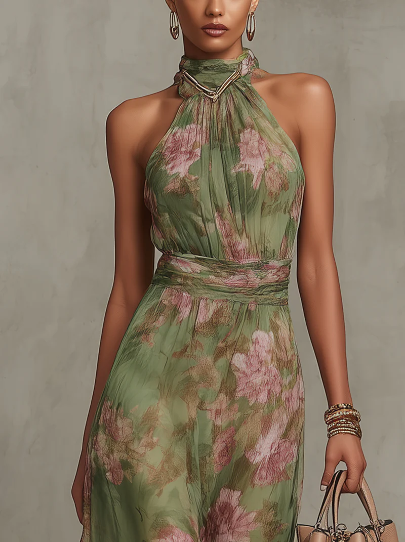 Damska Sukienka Maxi z Dekoltem Halter w Kwiaty