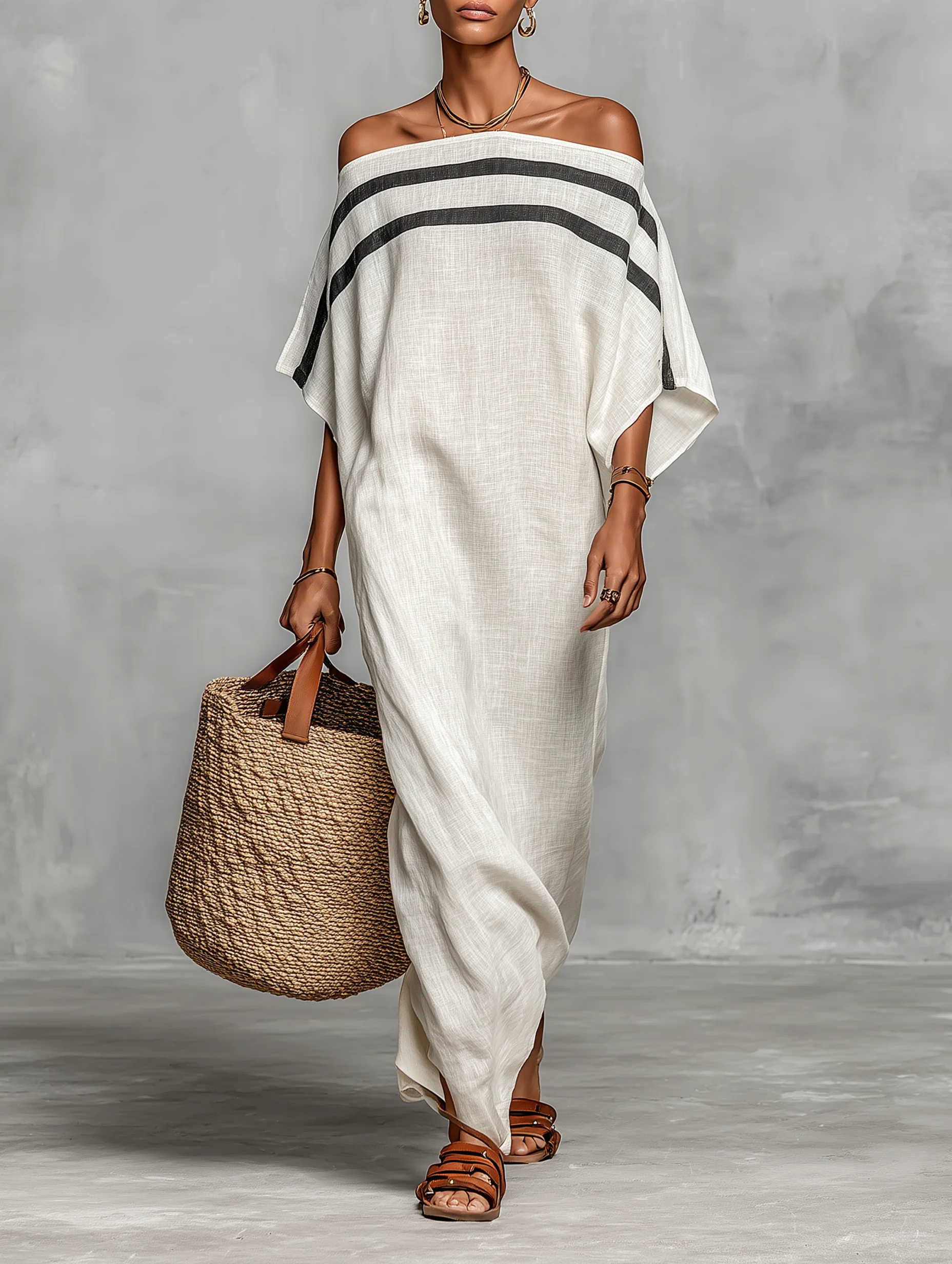 Damska sukienka maxi off-shoulder rękawy typu nietoperz