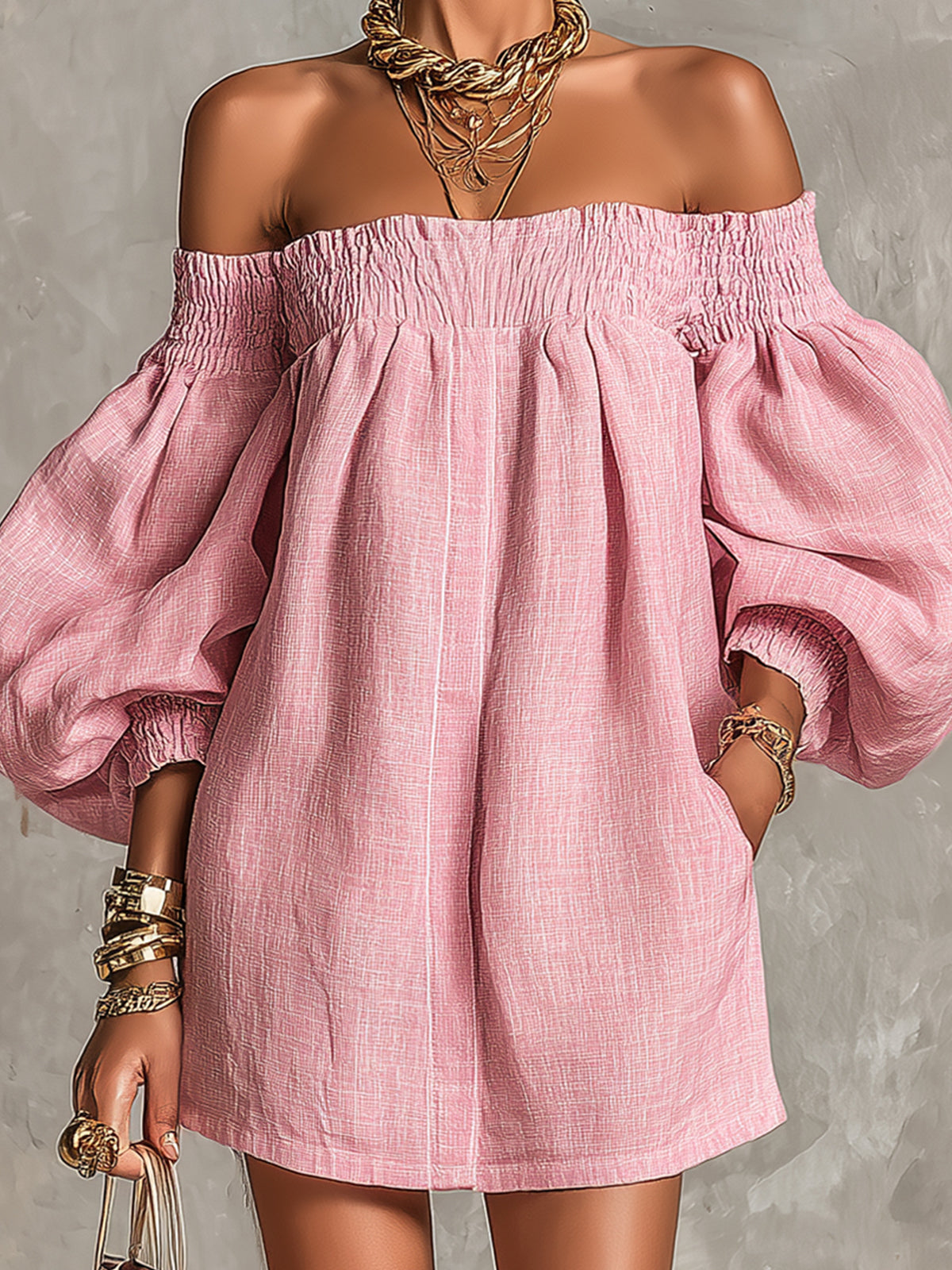 Damska Lniana Sukienka Hiszpanka Bufiaste Rękawy
