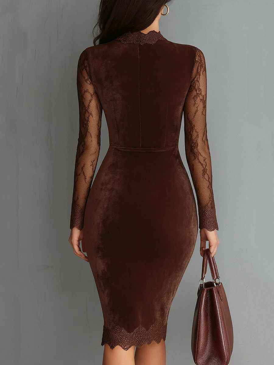 Damska sukienka bodycon z koronką i długim rękawem