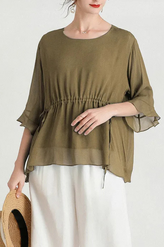 Zalani | Blusa de seda adelgazante de verano de manga corta y tallas grandes