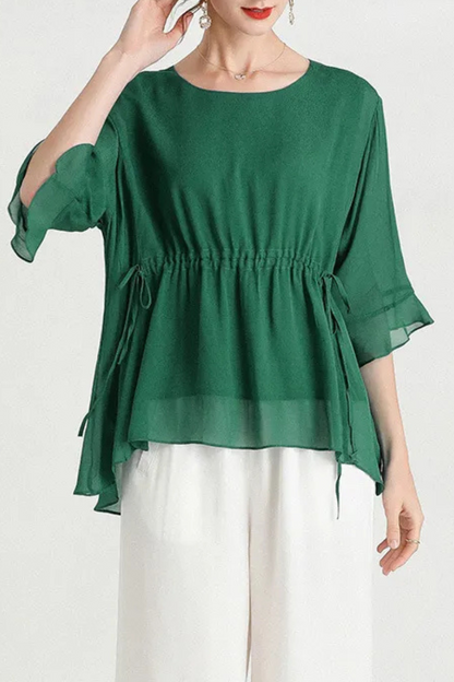 Zalani | Blusa de seda adelgazante de verano de manga corta y tallas grandes