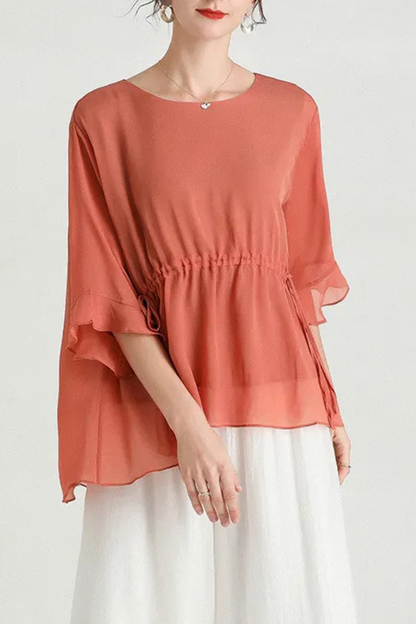 Zalani | Blusa de seda adelgazante de verano de manga corta y tallas grandes