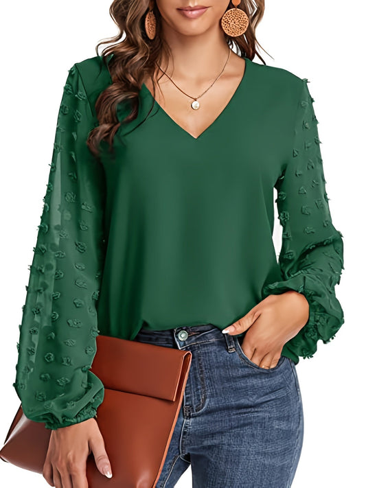 Camisa suiza - Mangas de lunares y diseño casual con cuello en V