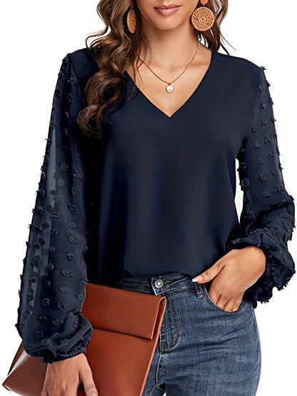 Camisa suiza - Mangas de lunares y diseño casual con cuello en V