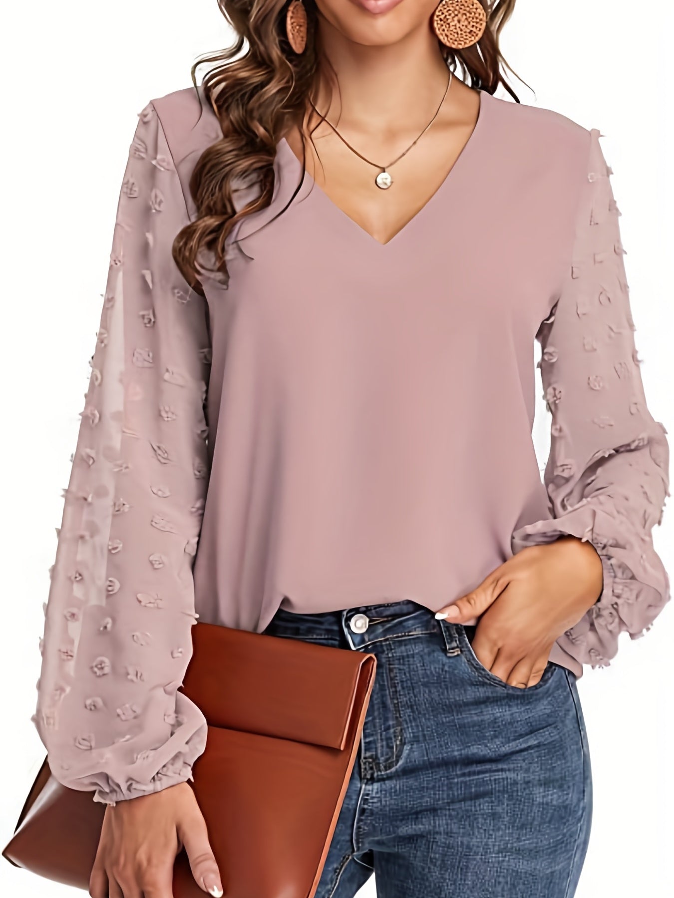 Camisa suiza - Mangas de lunares y diseño casual con cuello en V