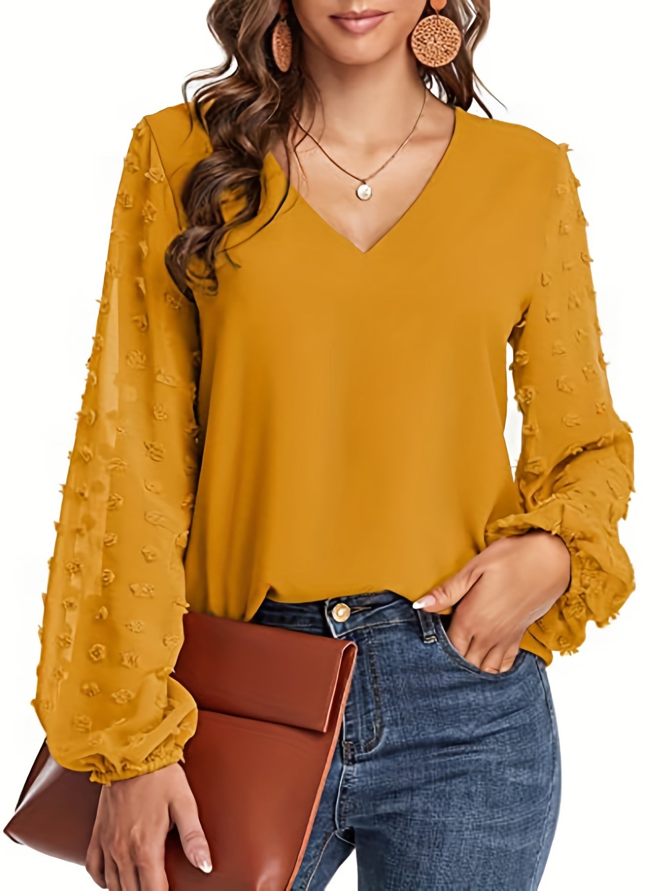 Camisa suiza - Mangas de lunares y diseño casual con cuello en V