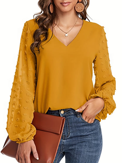 Camisa suiza - Mangas de lunares y diseño casual con cuello en V