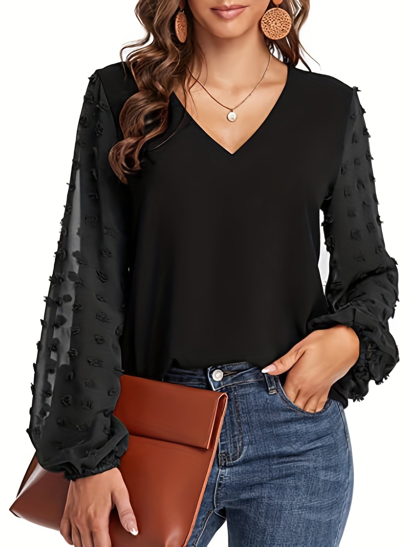 Camisa suiza - Mangas de lunares y diseño casual con cuello en V