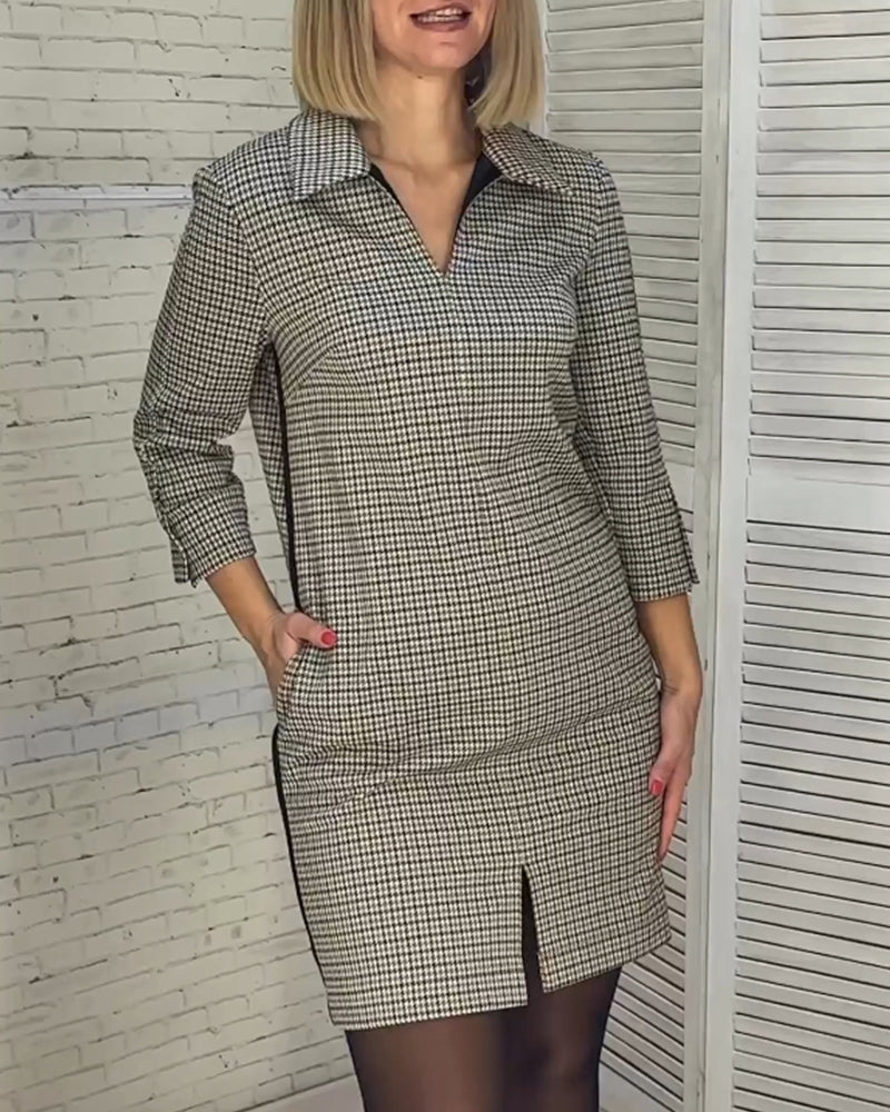 Vestido en forma de A - Sencillo - Estampado en mezcla de algodón con escote en V y abertura - Perfecto para otoño e invierno