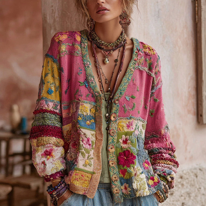 Damski Kolorowy Kardigan w Stylu Boho z Haftem i Patchworkiem