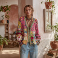 Damski Kolorowy Kardigan w Stylu Boho z Haftem i Patchworkiem