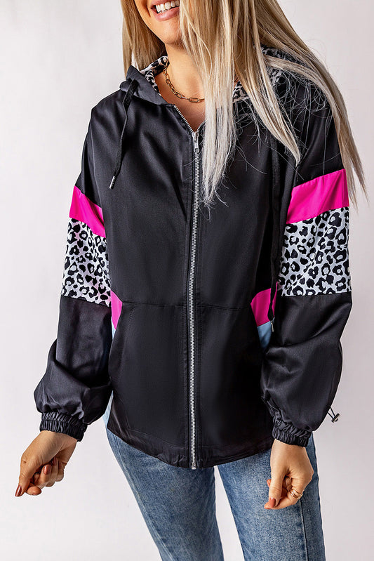 Jantine | Chaqueta con capucha de leopardo rosa y negro